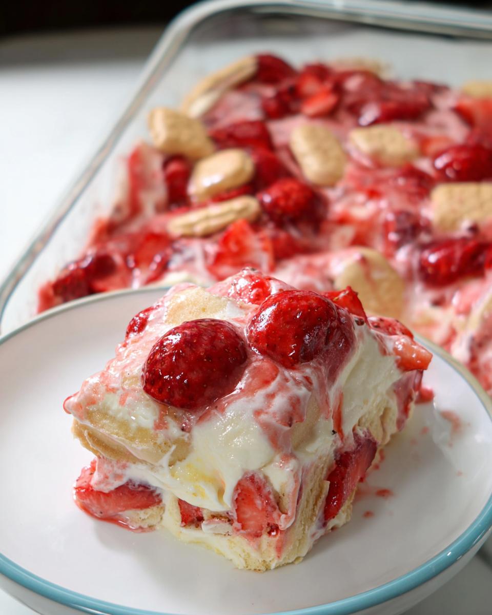 A close-up slice of creamy Strawberry Banana Pudding layered with strawberries and vanilla wafers on a white plate.