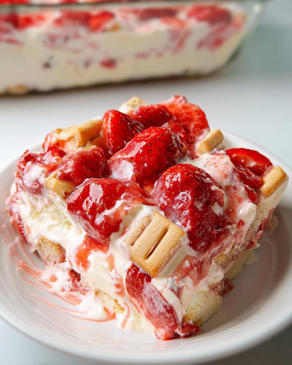 A close-up slice of Strawberry Banana Pudding featuring creamy layers, vanilla wafers, and glazed strawberries on a white plate.