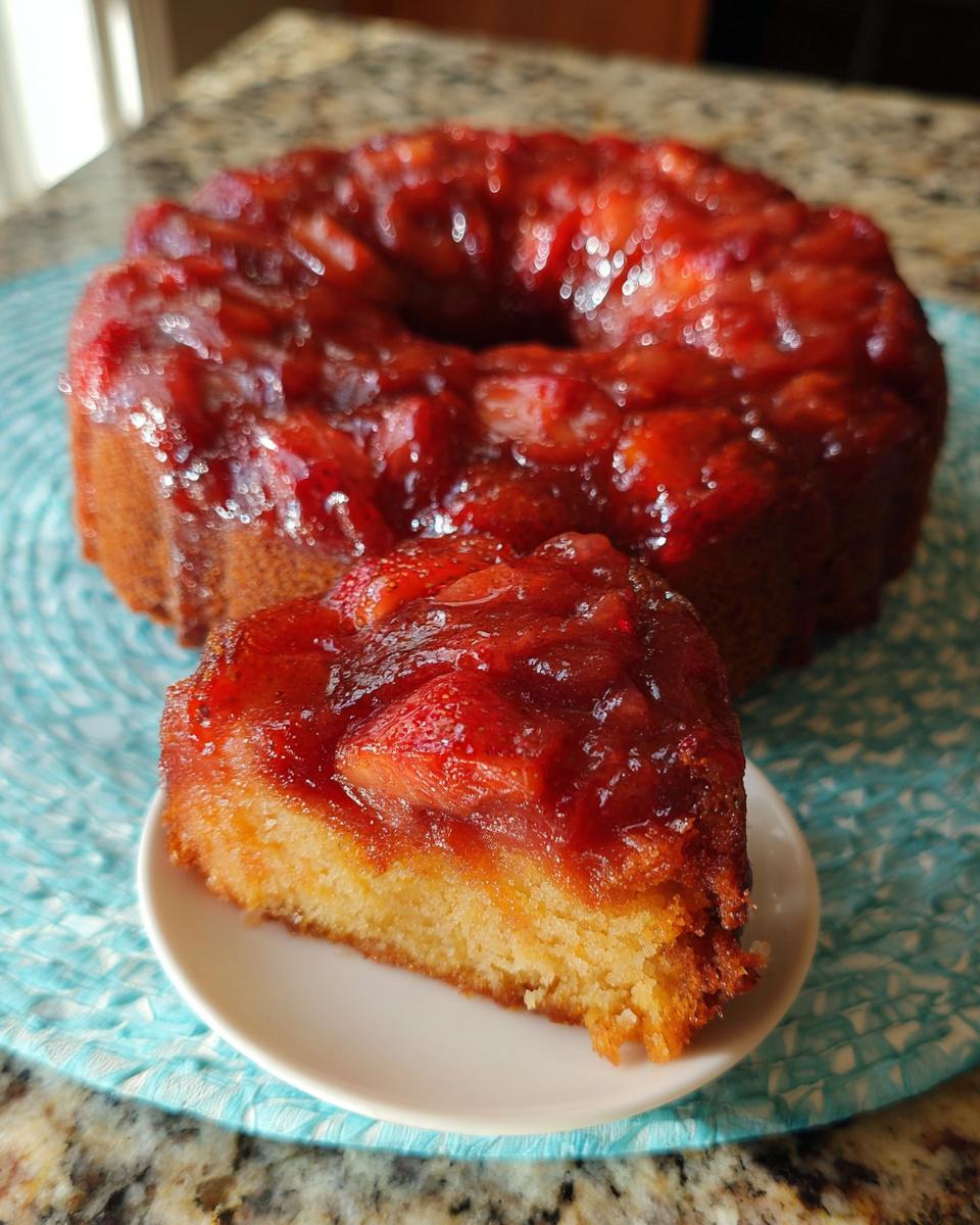 A slice of golden Strawberry Bundt Upside Down Cake with a glistening, caramelized strawberry topping.