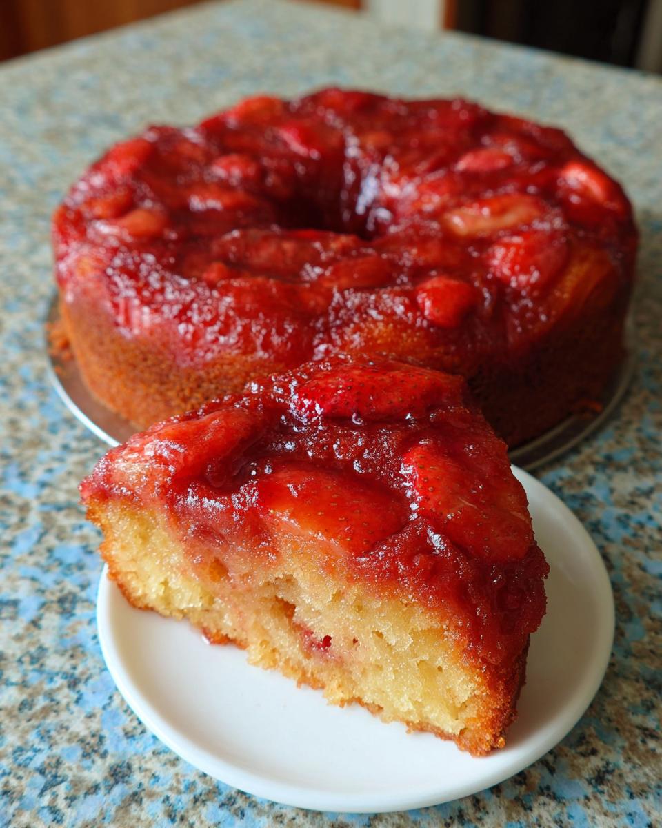 A slice of moist Strawberry Bundt Upside Down Cake with a glossy strawberry topping, served on a small white plate.