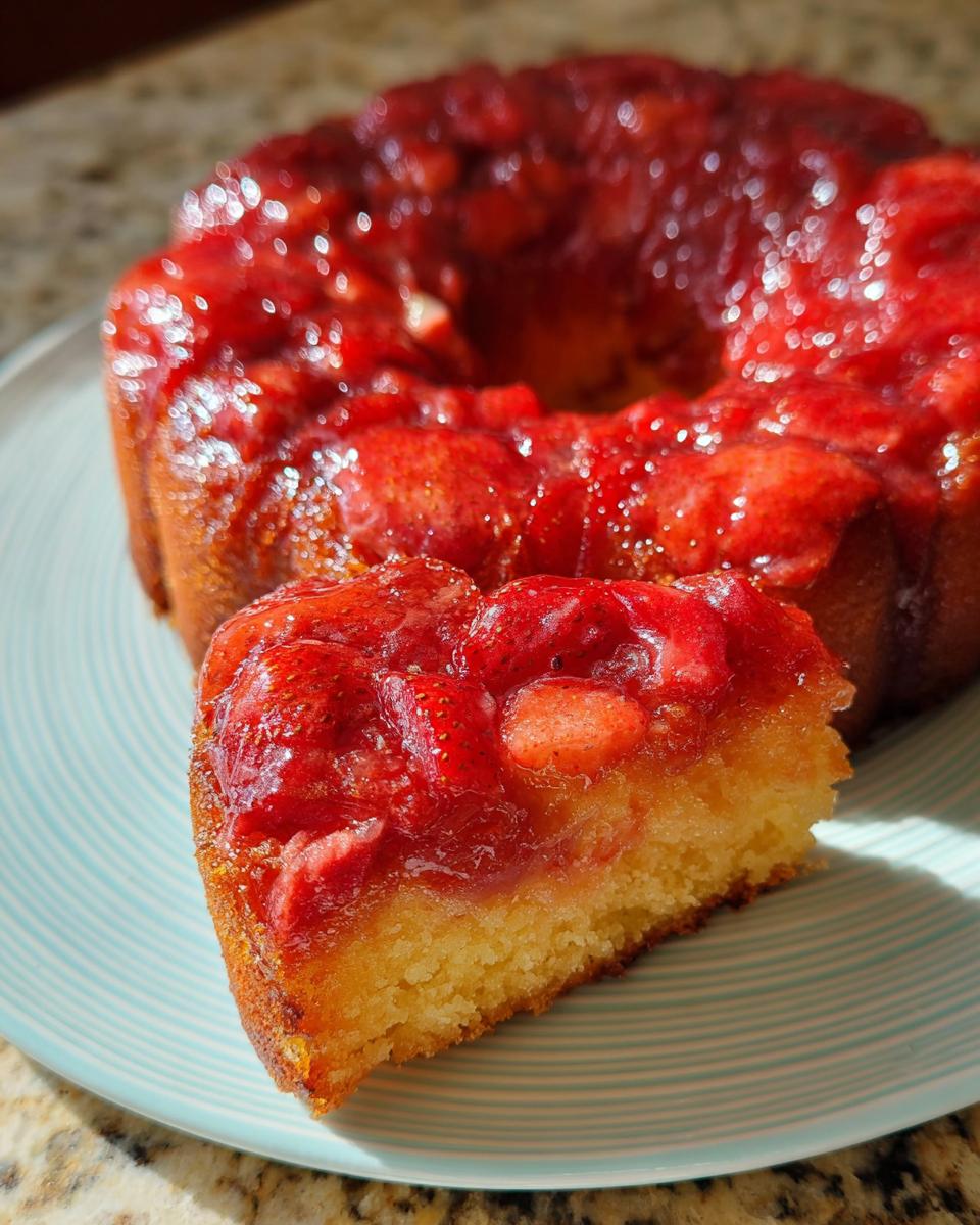 A slice cut from a glistening Strawberry Bundt Upside Down Cake, showing the bright red strawberry topping and moist yellow cake base.