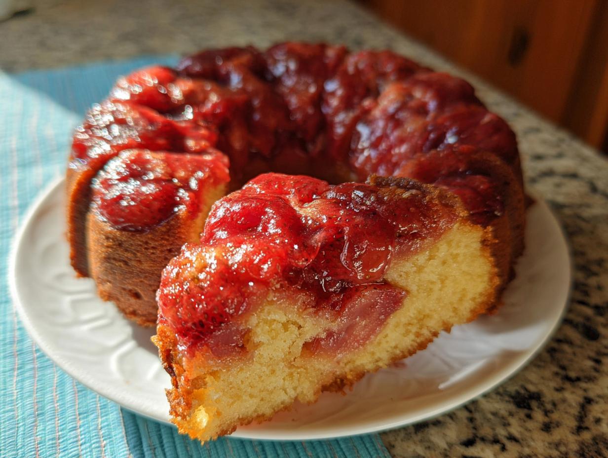 A slice cut from a glistening Strawberry Bundt Upside Down Cake, showing the moist yellow cake base and caramelized strawberry topping.
