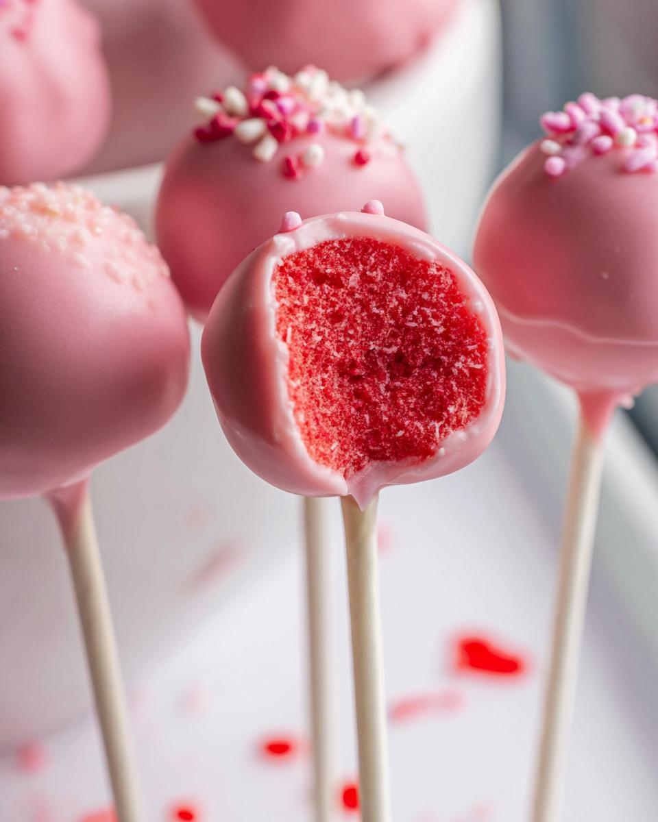 Close-up of a bitten Strawberry Cake Pop showing the bright red cake interior, surrounded by other pink coated Strawberry Cake Pops.
