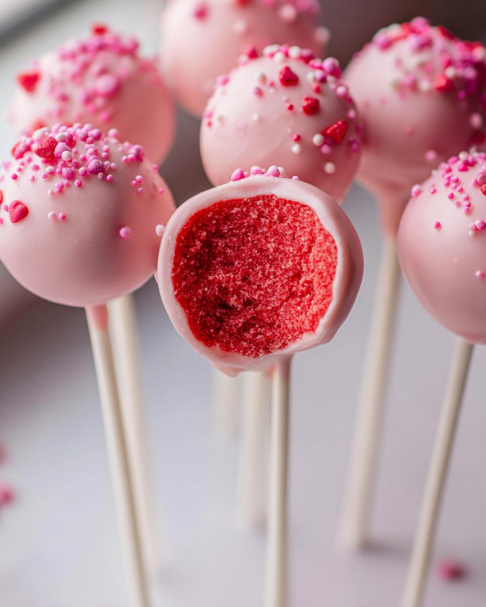 A close-up of several pink-coated Strawberry Cake Pops, one of which is bitten to show the vibrant red cake interior.