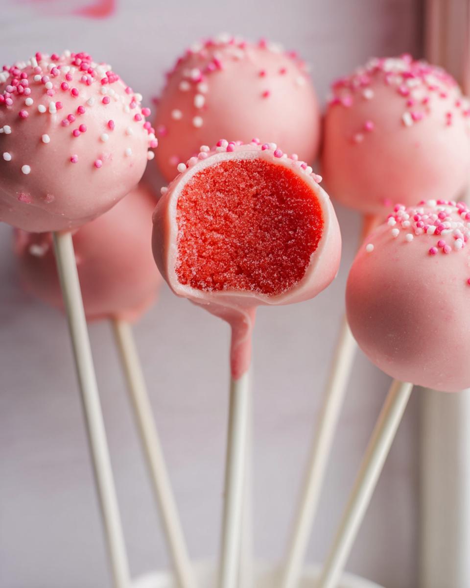 Close-up of pink-coated Strawberry Cake Pops, one showing a bite taken out revealing the bright red interior.