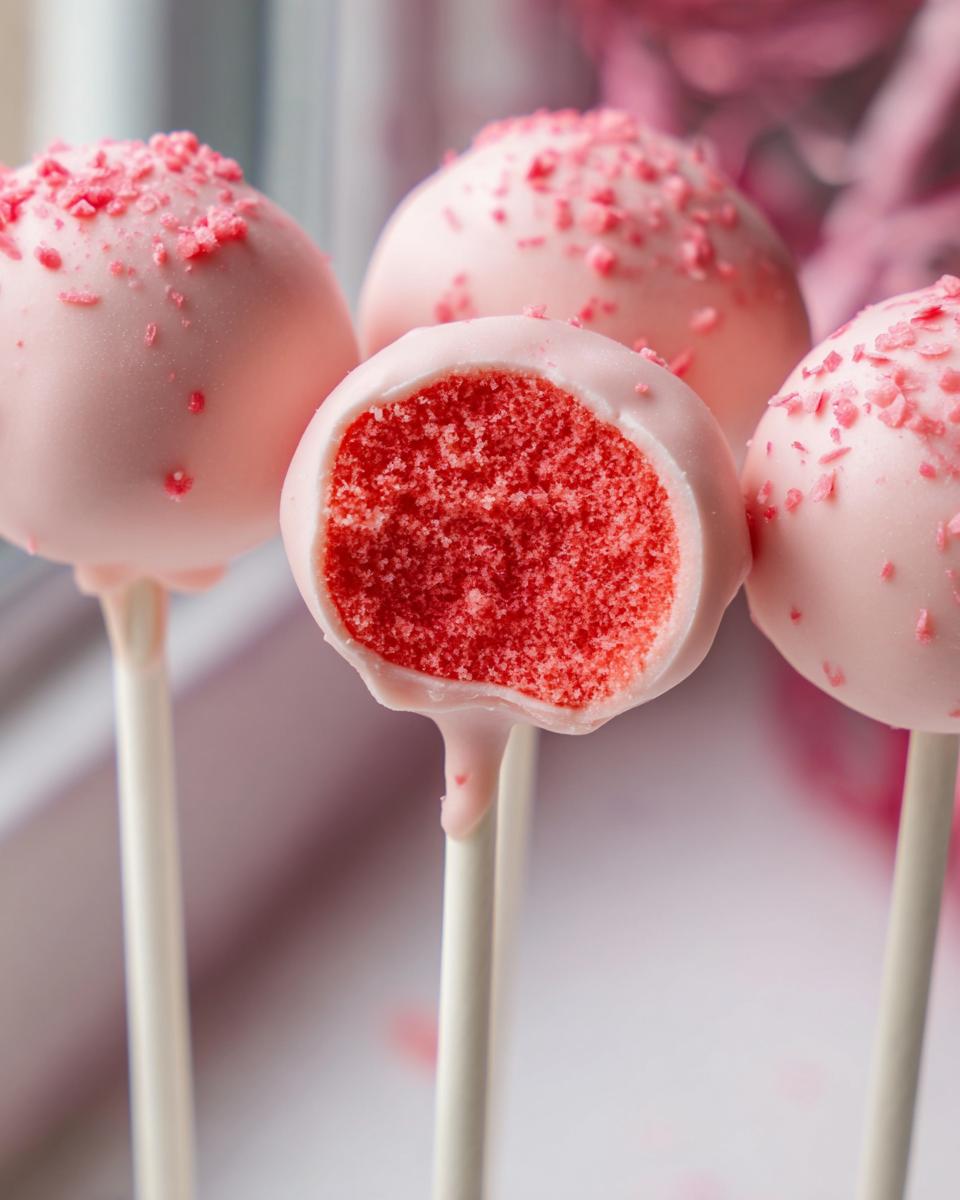 Close-up of Strawberry Cake Pops dipped in pink coating, one cut open showing the red cake interior.