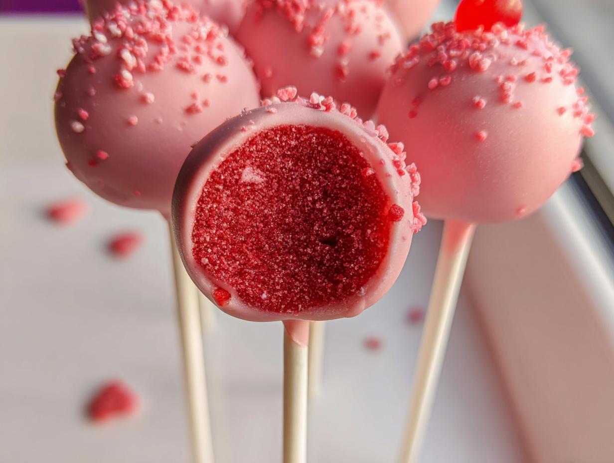 Close-up of Strawberry Cake Pops, showing the vibrant red cake interior of one cut pop.