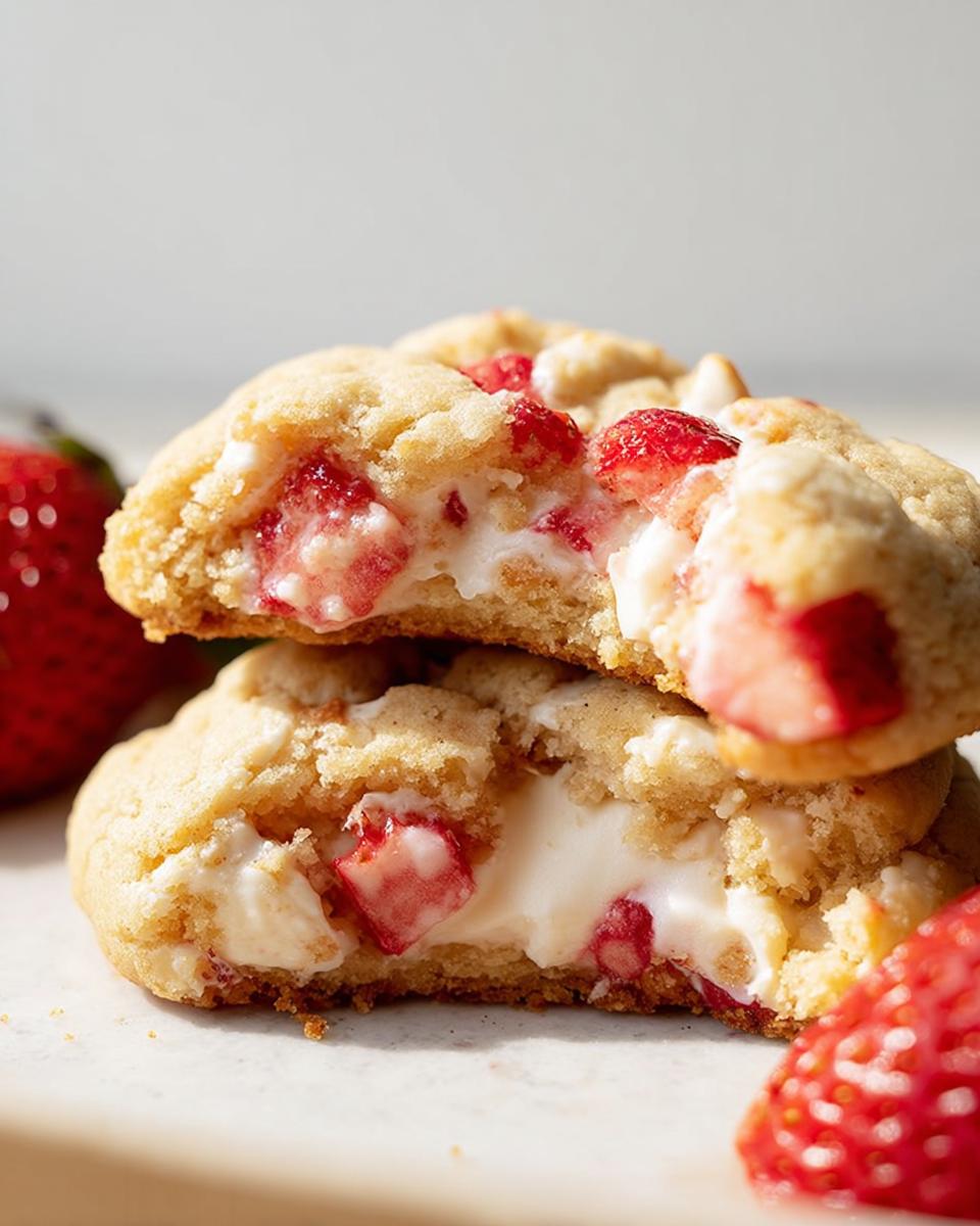 Two halves of a soft Strawberry Cheesecake Cookies stacked, showing the creamy filling and strawberry pieces inside.