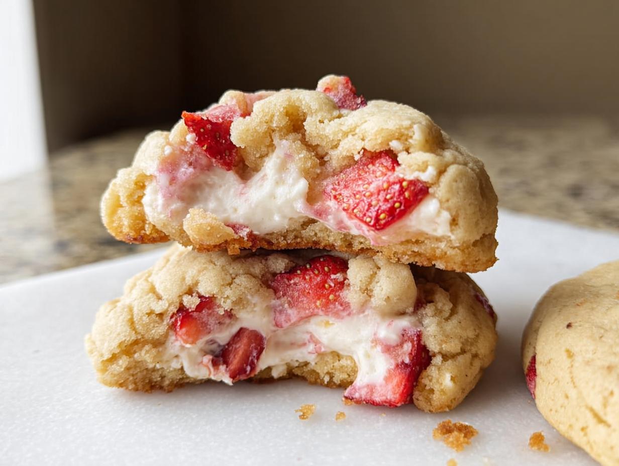 Two halves of a soft Strawberry Cheesecake Cookies stacked, showing the creamy filling and fresh strawberry pieces inside.