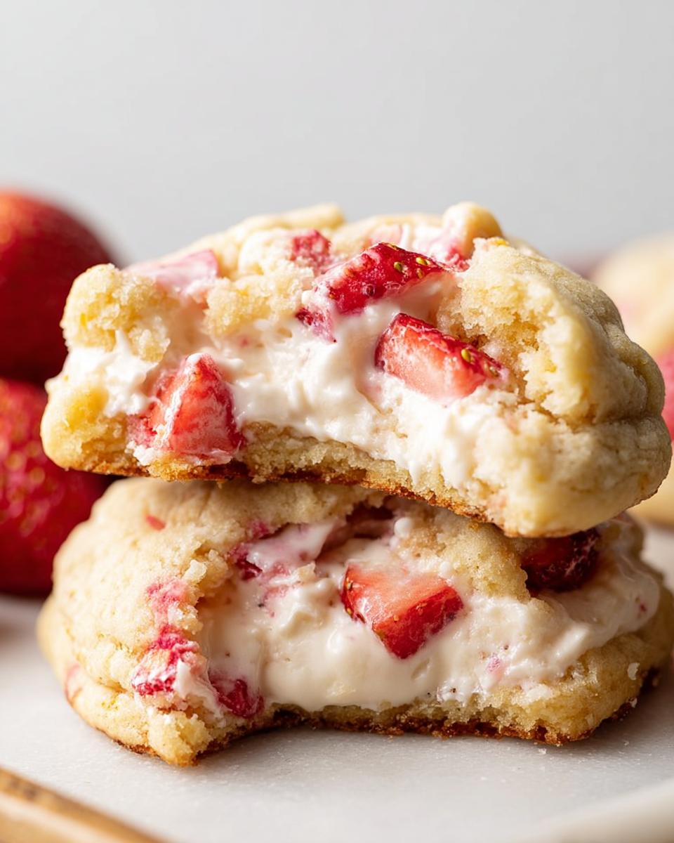 Two halves of a Strawberry Cheesecake Cookies stacked, showing the creamy filling mixed with fresh strawberry pieces.