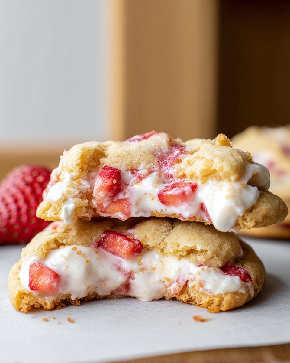 Two halves of a gooey Strawberry Cheesecake Cookies stacked, showing the creamy filling and chunks of fresh strawberries.
