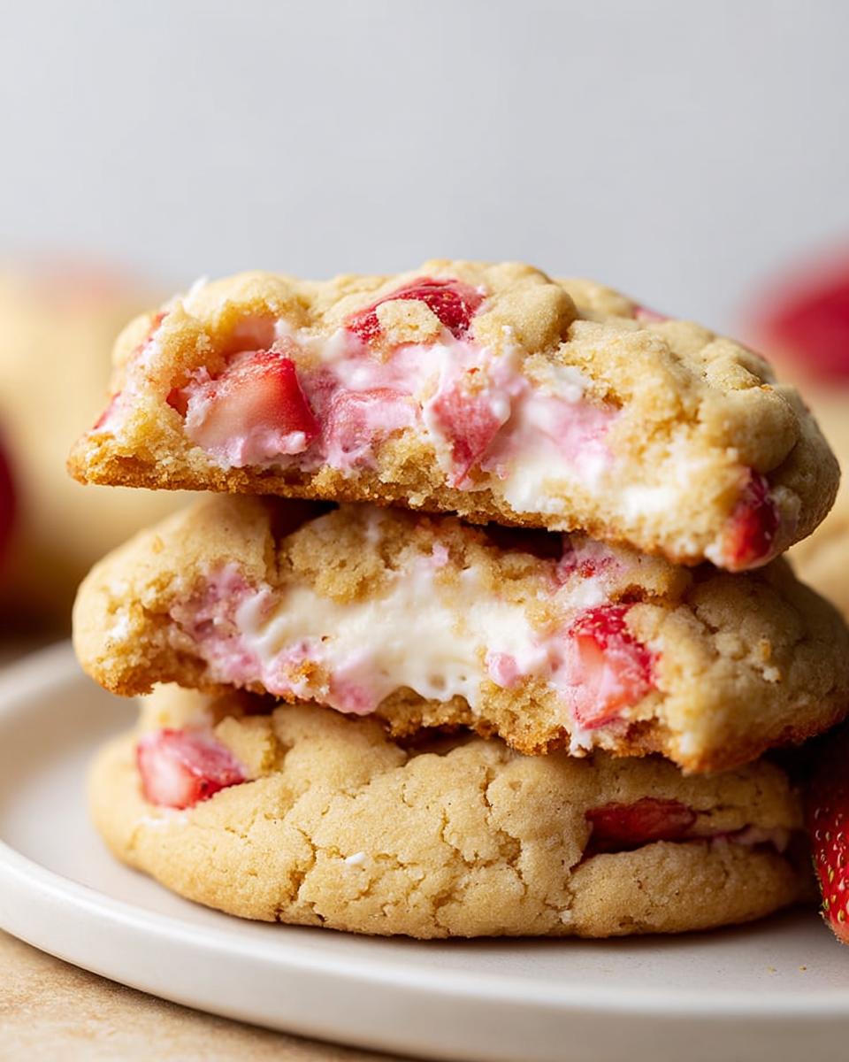 Stack of two halves of Strawberry Cheesecake Cookies showing the creamy, pink-swirled strawberry filling inside.