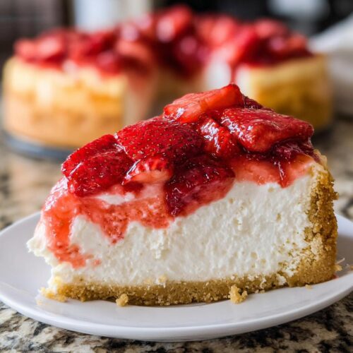 A close-up of a slice of Strawberry Cream Cheese Cake with a thick graham cracker crust and glossy strawberry topping.