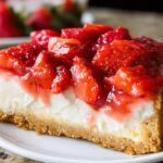 A close-up of a perfect slice of Strawberry Cream Cheese Cake showing the graham cracker crust, creamy filling, and glossy strawberry topping.