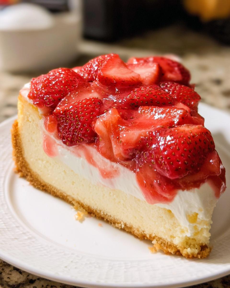 A close-up of a rich slice of Strawberry Cream Cheese Cake with a graham cracker crust and fresh strawberry topping.