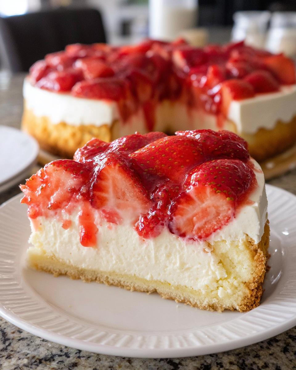 A perfect slice of Strawberry Cream Cheese Cake featuring a thick cream cheese layer and fresh strawberry topping.