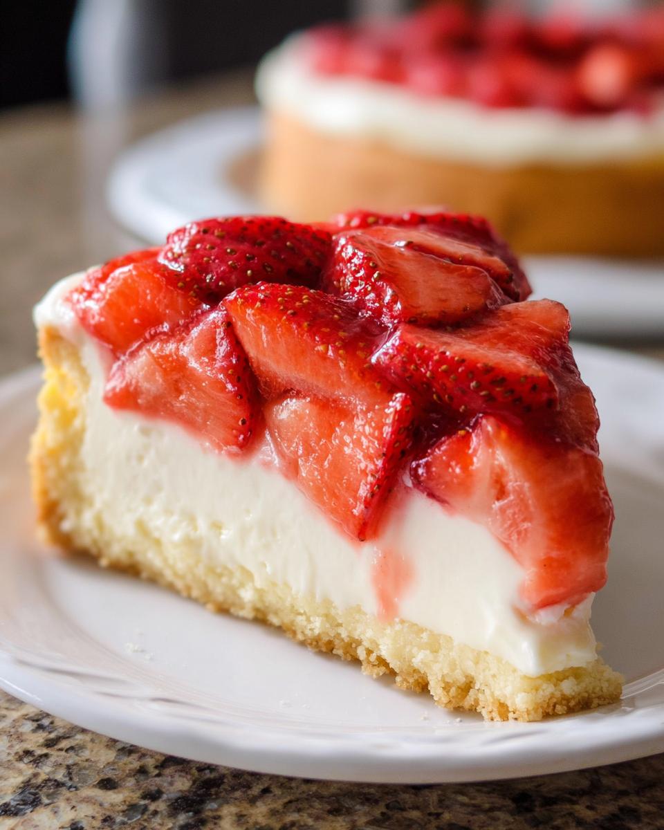 A close-up slice of Strawberry Cream Cheese Cake featuring a thick cream layer and glazed strawberries on a shortbread crust.
