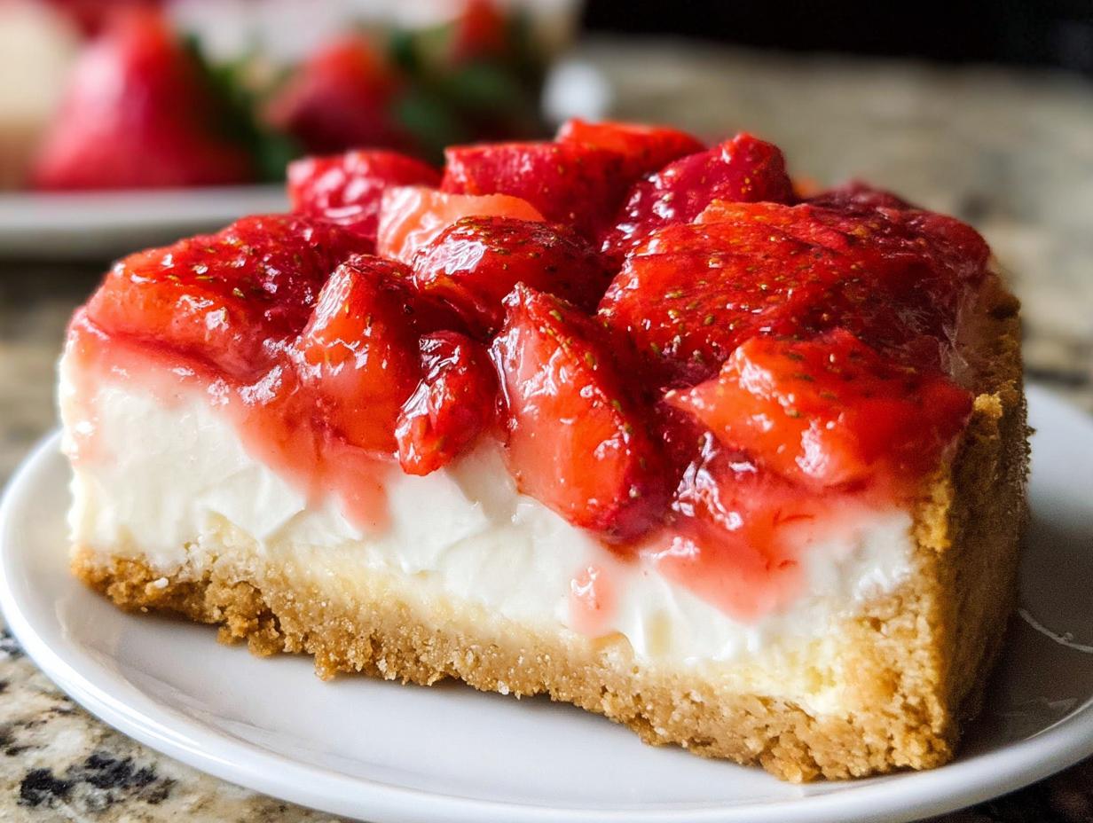 A close-up of a perfect slice of Strawberry Cream Cheese Cake showing the graham cracker crust, creamy filling, and glossy strawberry topping.