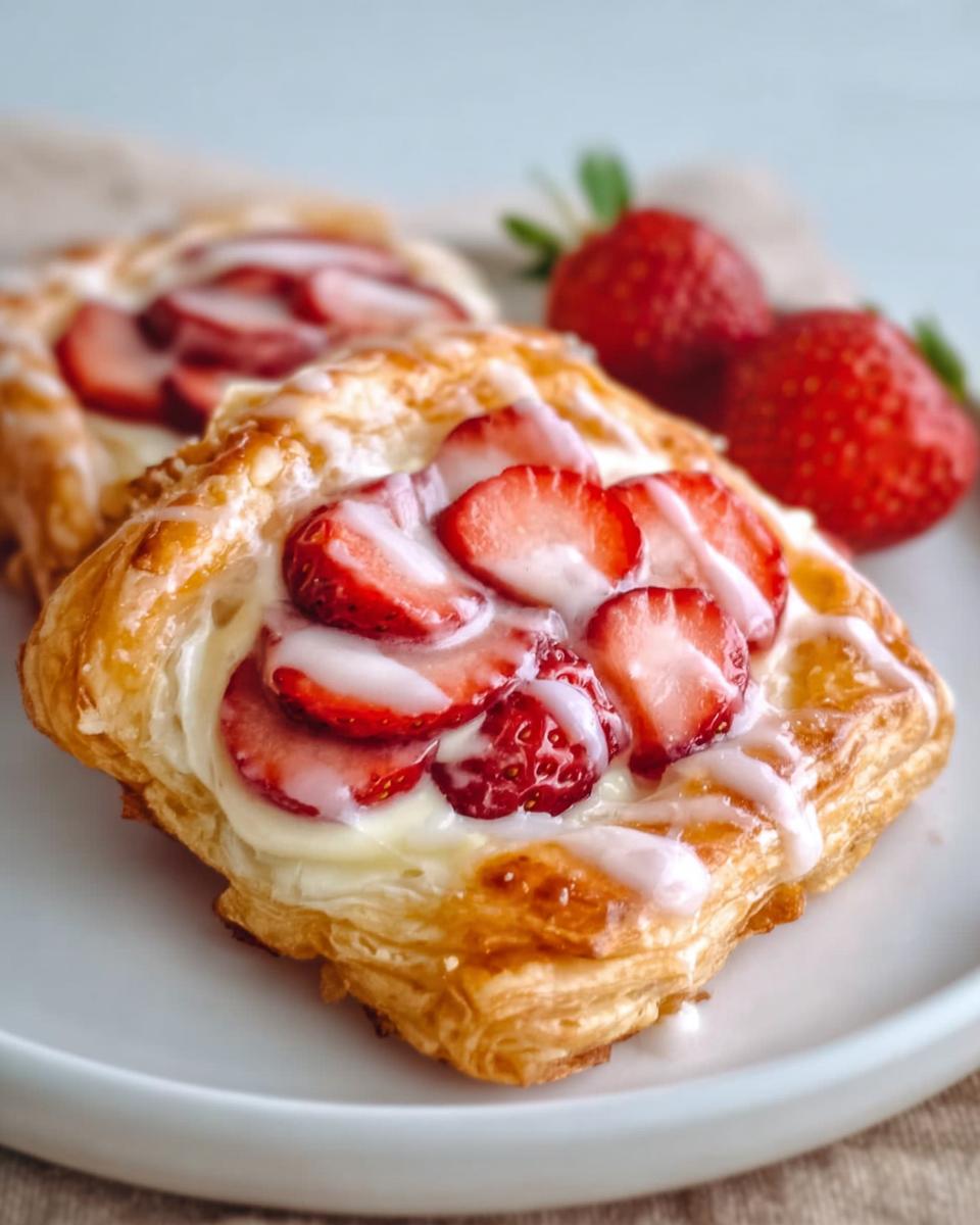 Close-up of a flaky Strawberry Cream Cheese Danish topped with sliced strawberries and white glaze.
