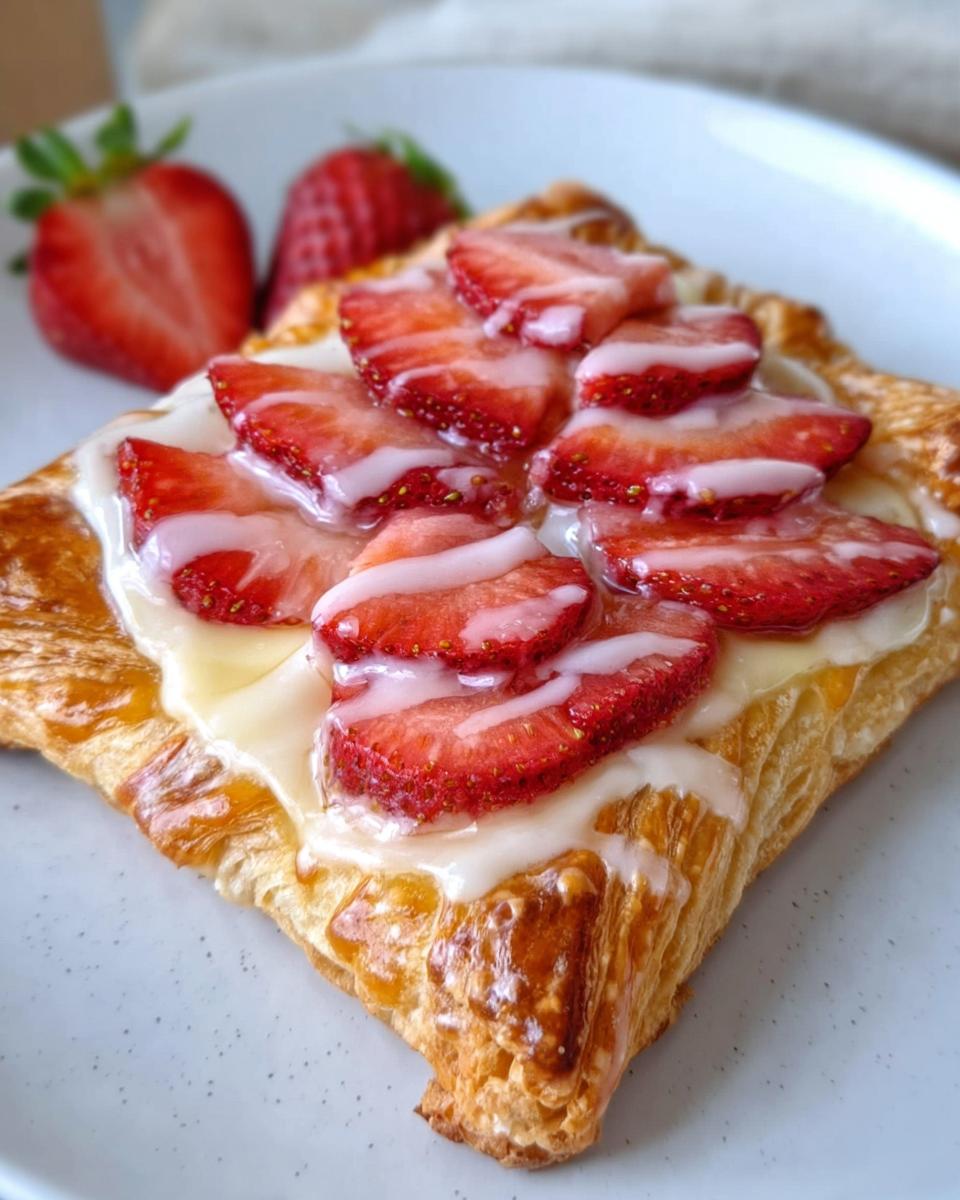 A flaky, golden-brown Strawberry Cream Cheese Danish topped with sliced strawberries and white icing.