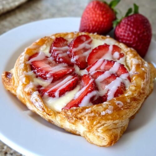 A flaky pastry topped with cream cheese filling, sliced strawberries, and a white glaze, resembling a Strawberry Cream Cheese Danish.