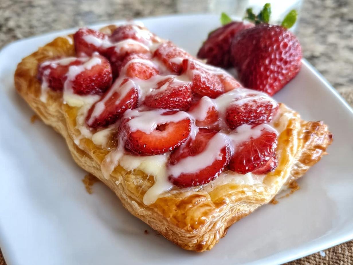 A flaky Strawberry Cream Cheese Danish topped with sliced strawberries and white icing, served on a white plate.