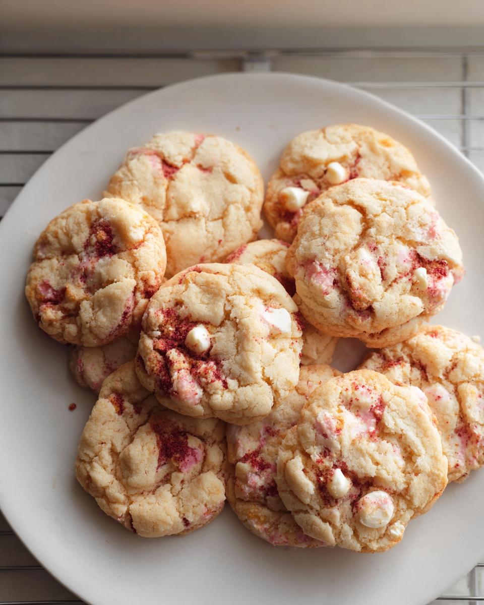 A close-up overhead view of several soft Strawberry Cream Cookies piled on a white plate.