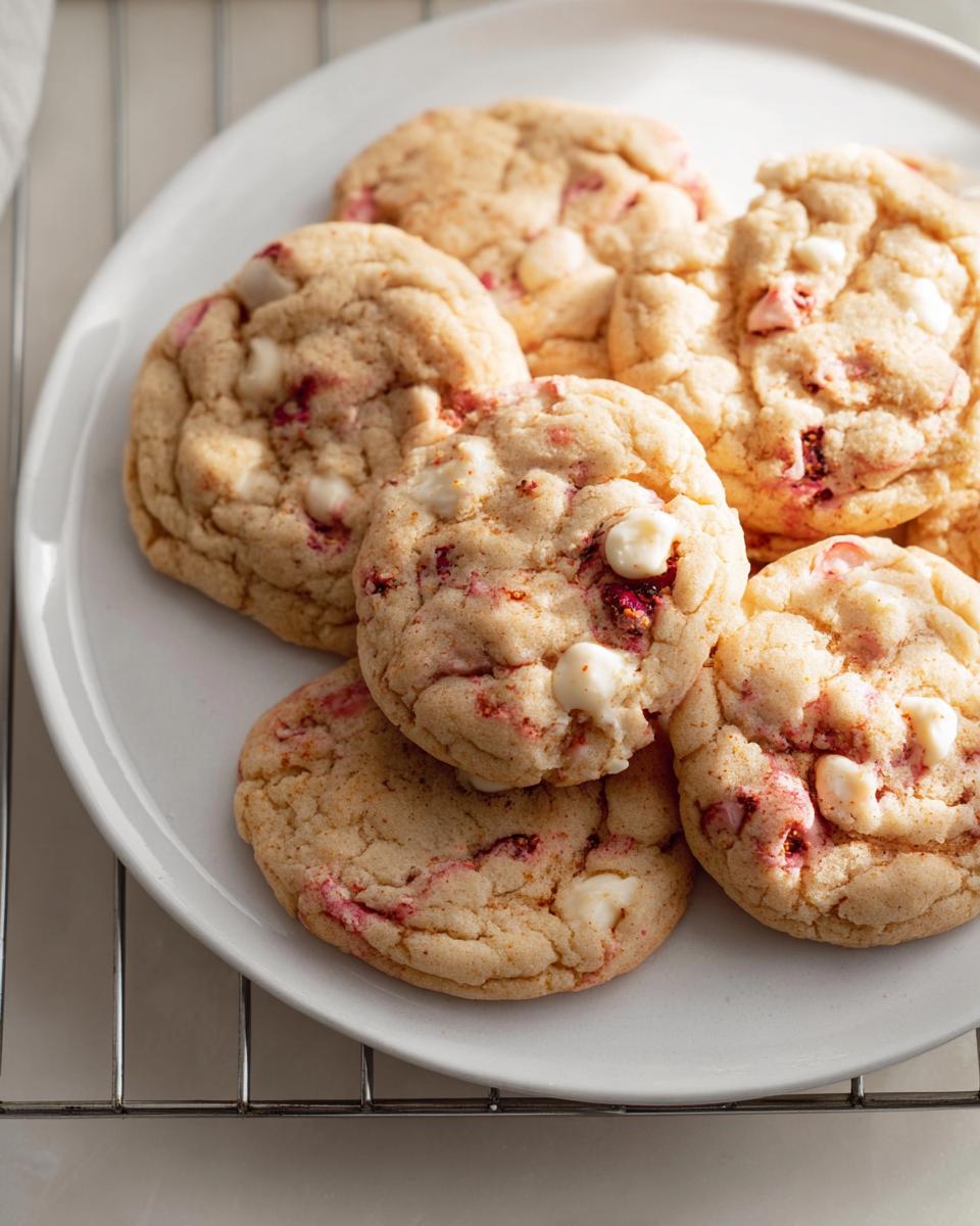 A stack of soft, chewy Strawberry Cream Cookies featuring visible white chocolate chips and pink strawberry pieces.
