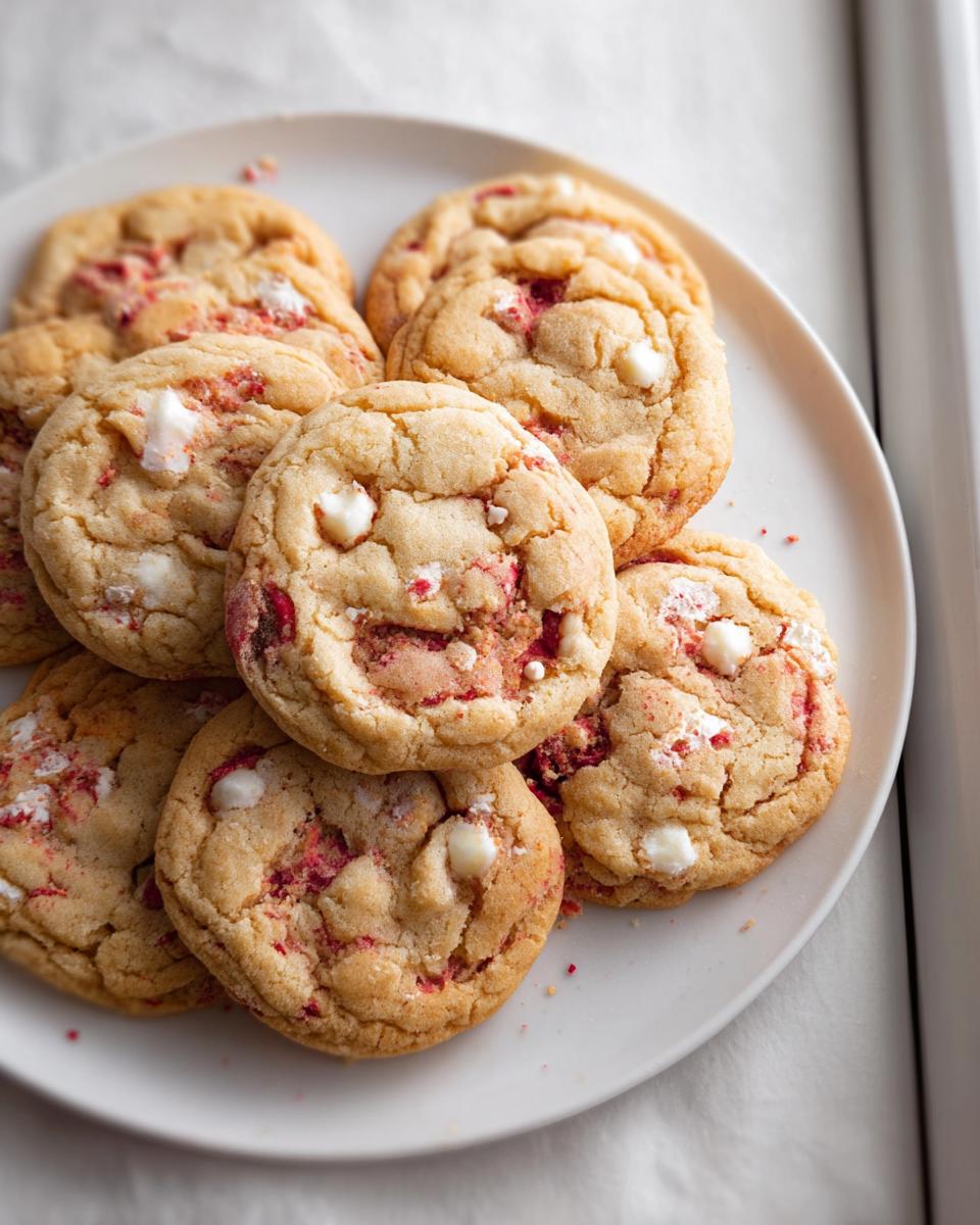 A stack of freshly baked Strawberry Cream Cookies featuring visible white chocolate chips and pink strawberry pieces on a white plate.