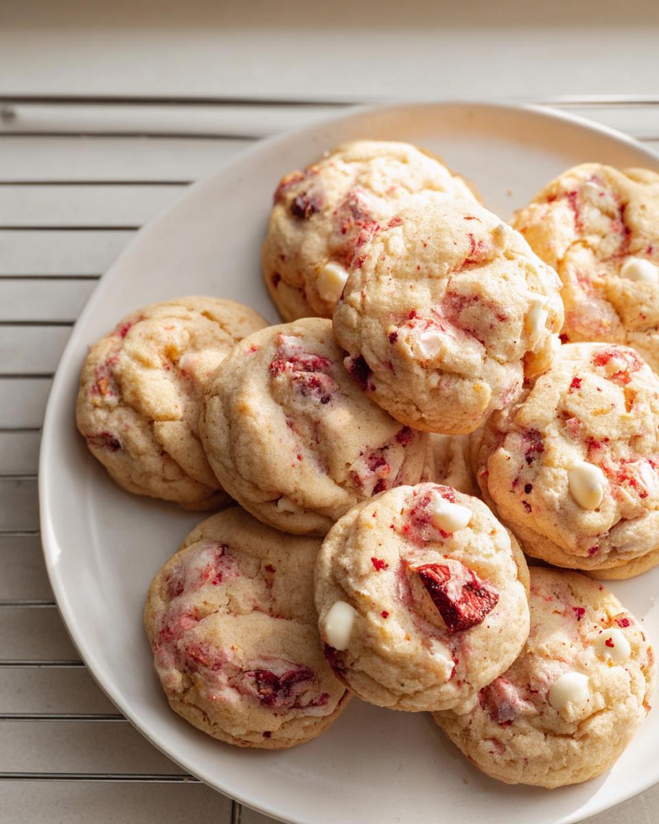 A pile of freshly baked Strawberry Cream Cookies featuring visible chunks of dried strawberry and white chocolate chips on a white plate.