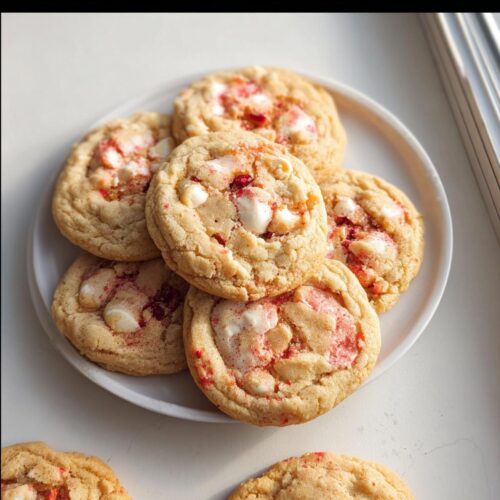 A plate stacked with freshly baked Strawberry Cream Cookies featuring visible white chocolate chips and pink strawberry swirls.