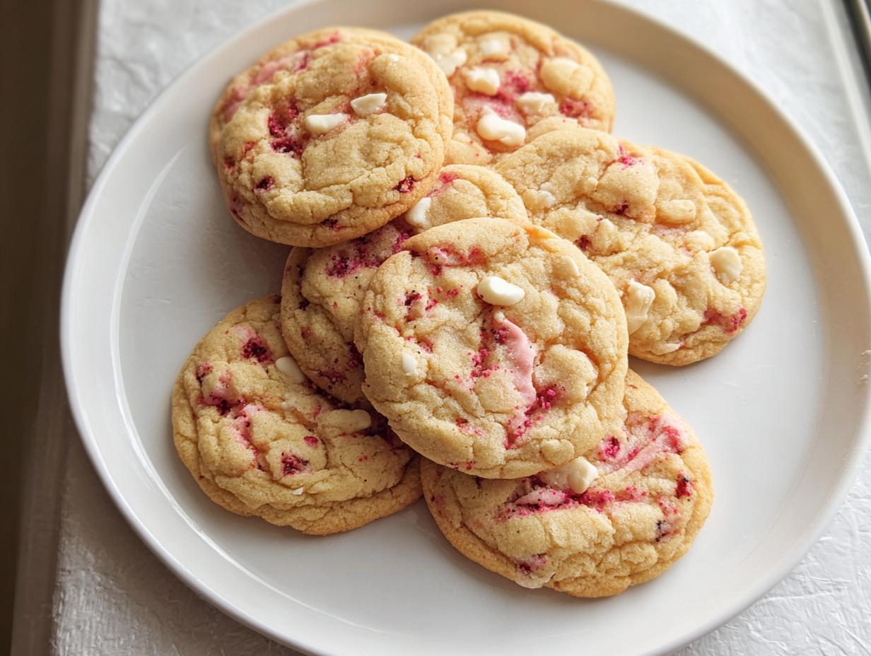 A stack of freshly baked Strawberry Cream Cookies featuring pink swirls and white chocolate chips on a white plate.
