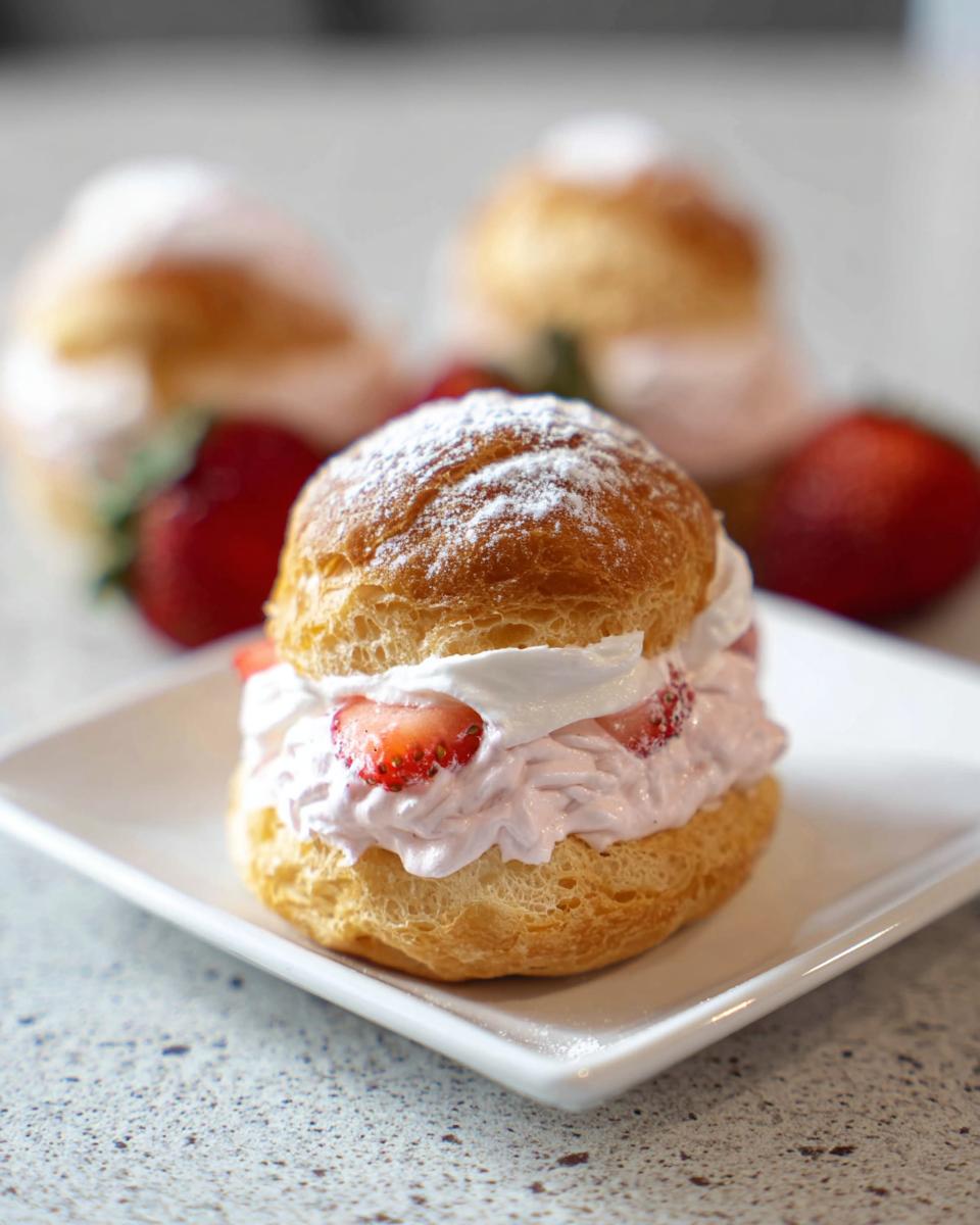 A single, perfectly filled Strawberry Cream Puff dusted with powdered sugar, sitting on a white plate.