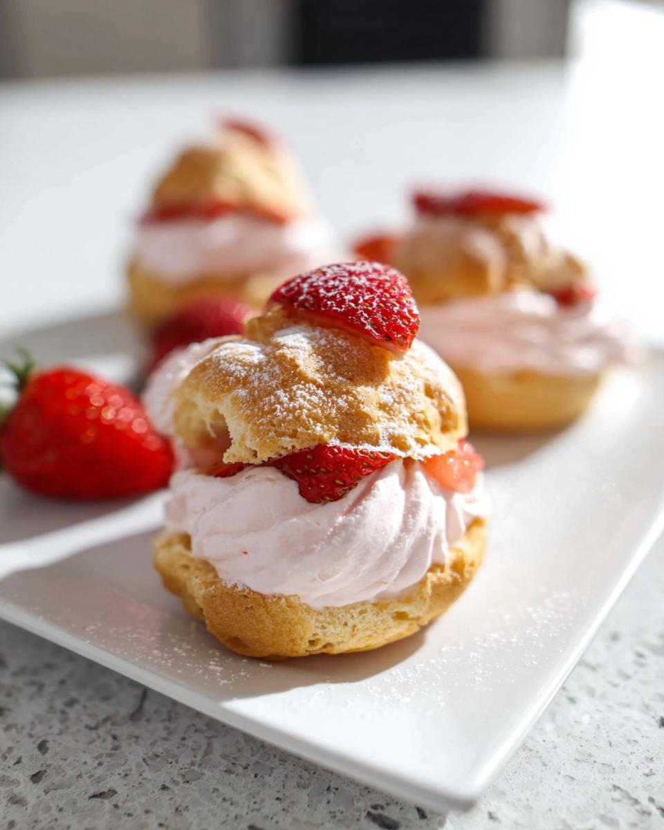 A close-up of a delicious Strawberry Cream Puff filled with pink cream and topped with a fresh strawberry slice and powdered sugar.