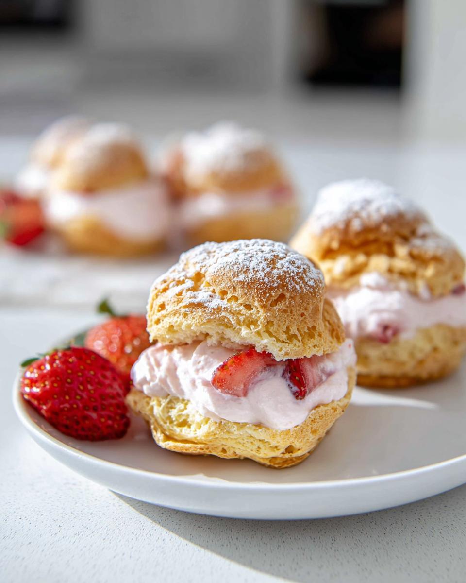 A close-up of a freshly made Strawberry Cream Puff filled with pink cream and sliced strawberries, dusted with powdered sugar.