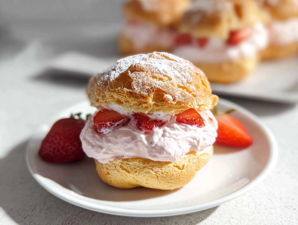 A close-up of a Strawberry Cream Puffs split open, filled with pink cream and fresh strawberries, dusted with powdered sugar.