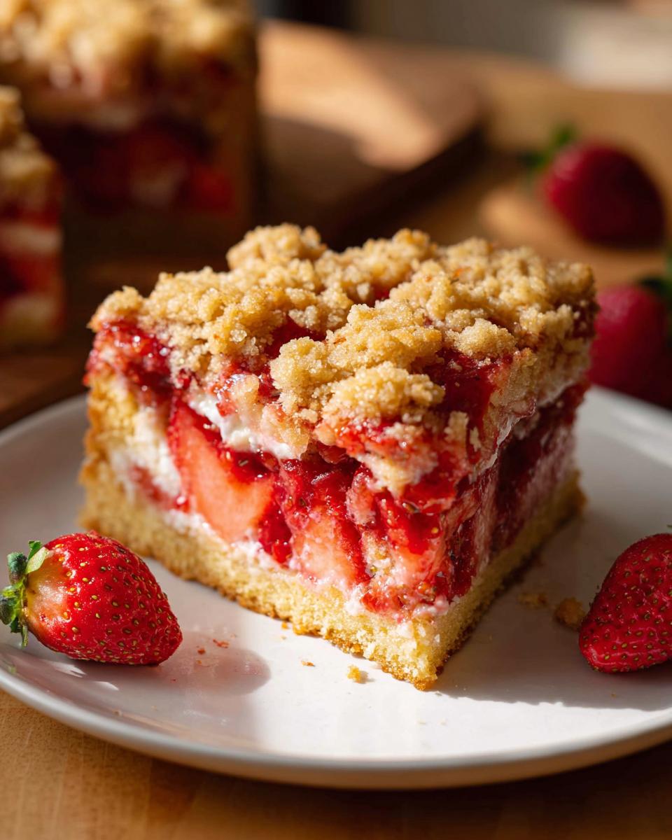 Close-up of a square slice of Strawberry Crumble Cake showing layers of cake, cream, and strawberries, topped with streusel.