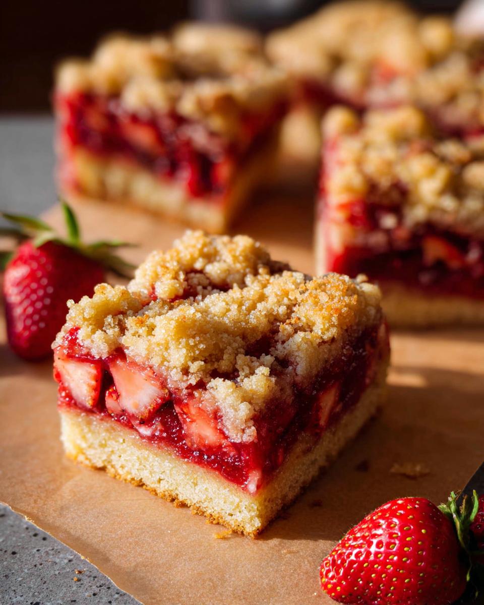 Close-up of a square slice of Strawberry Crumble Cake showing layers of cake, strawberry filling, and crumb topping.