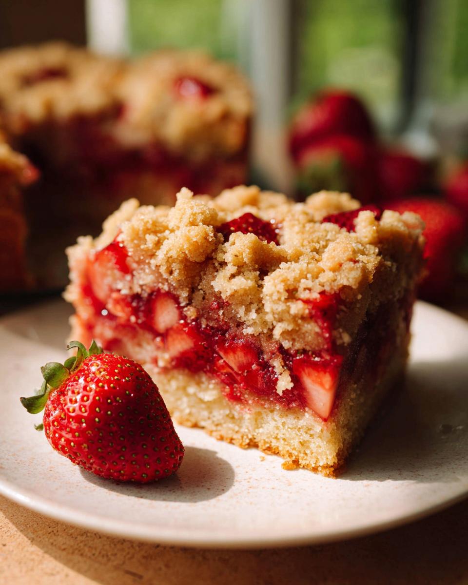 A close-up of a moist slice of Strawberry Crumble Cake next to a whole fresh strawberry.