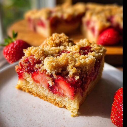 A close-up slice of Strawberry Crumble Cake featuring a thick layer of strawberries and a crunchy crumble topping.