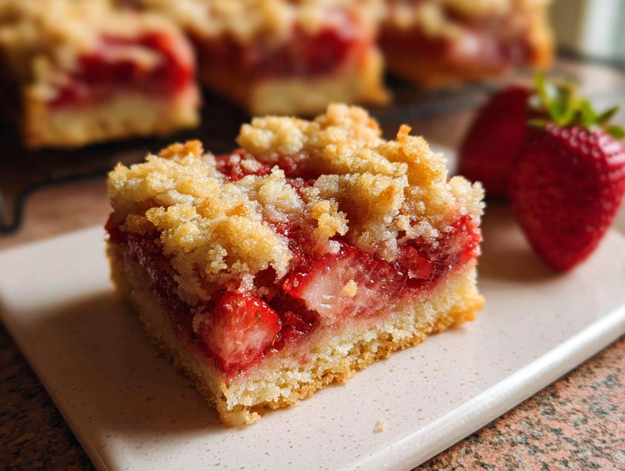 Close-up of a square slice of Strawberry Crumble Cake showing the thick strawberry filling and crumb topping.