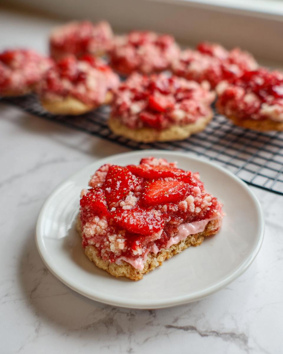 A single serving of Strawberry Crumble Cookies with a thick strawberry topping sits on a white plate, with more cookies cooling in the background.