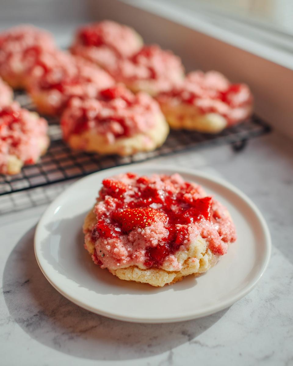 A single Strawberry Crumble Cookie with pink crumble topping and fresh strawberries sits on a white plate in the foreground.