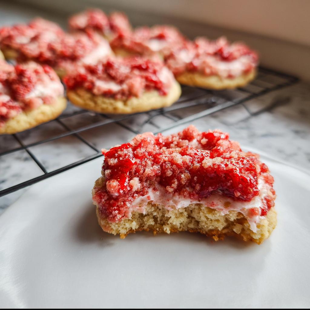 A close-up of a Strawberry Crumble Cookies with a bite taken out, showing the creamy filling and strawberry topping.
