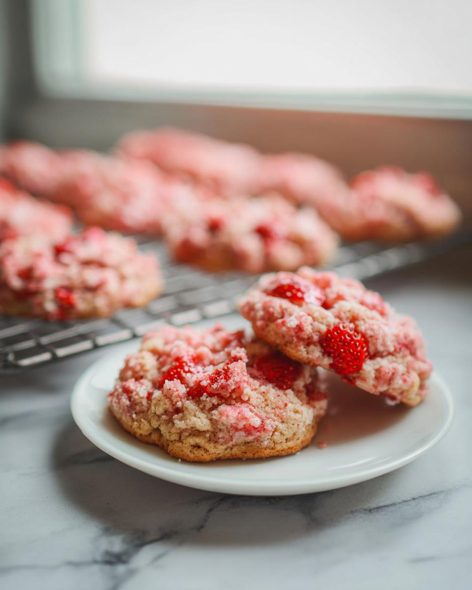 Two delicious Strawberry Crumble Cookies stacked slightly on a small white plate, with more cookies cooling in the background.