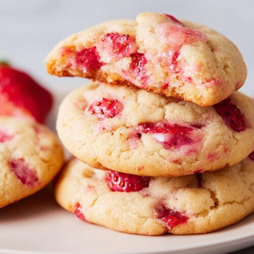 A stack of three soft, chewy Strawberry Dessert Cookies with visible pieces of bright red strawberry baked inside.