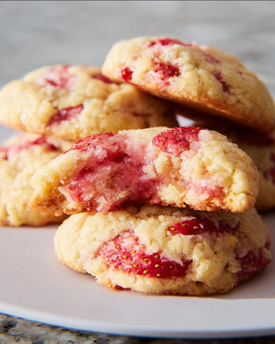 Close-up of soft, chewy Strawberry Dessert Cookies, one cookie broken open to show the pink, fruity interior.