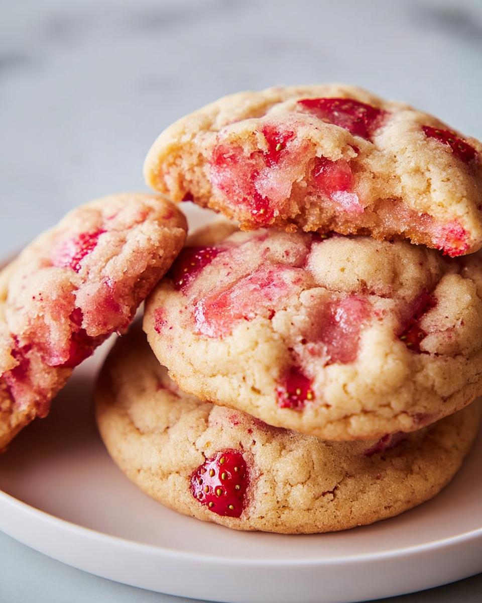 A stack of soft, chewy Strawberry Dessert Cookies, with the top cookie broken to show the gooey strawberry filling inside.