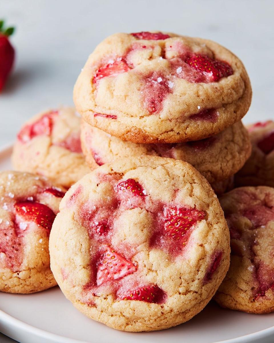 Close-up of a stack of soft, chewy Strawberry Dessert Cookies studded with bright red fruit pieces and sea salt.