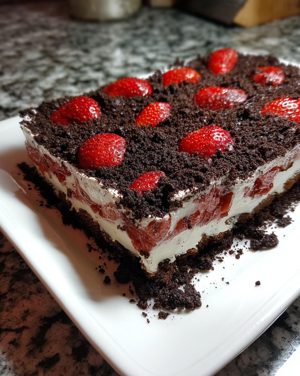 A cross-section view of a rich Strawberry Dirt Cake showing layers of cream, strawberries, and a chocolate crumb topping.